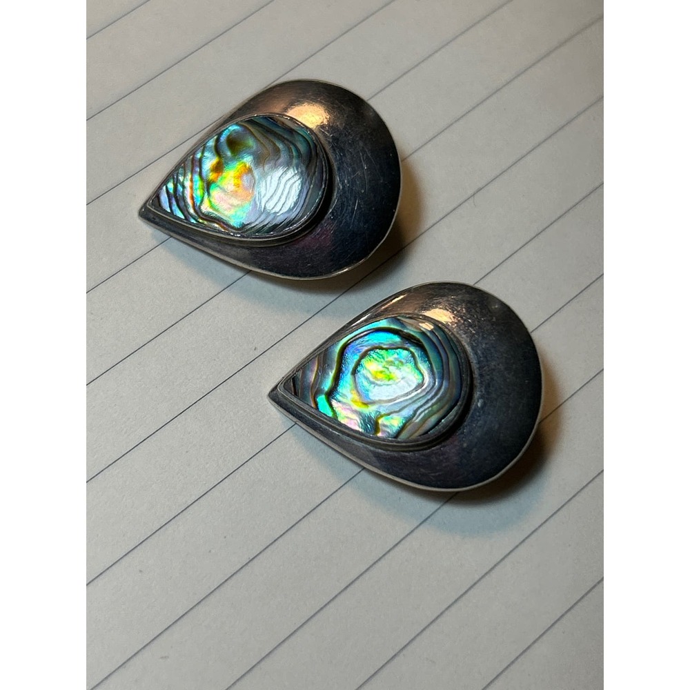 Vintage Earrings Tear drop shape Abalone shell and Sterling Silver 925 Clip on